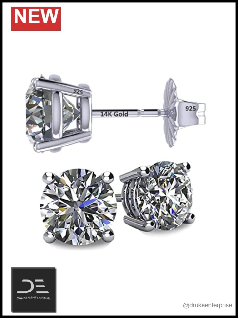 14K Solid Gold Post Stud Earrings 9.0mm Swarovski Zirconia Hypoallergenic